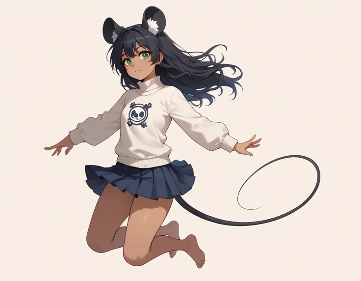 (Masterpiece) (High Detail) (High Res) A tiny short small Humanoid Mouse Female with tanned skin and bright green eyes and long black hair and fluffy black mouse ears and a mouse tail and small breasts. She is jumping in the air in a void and is wearing a ...