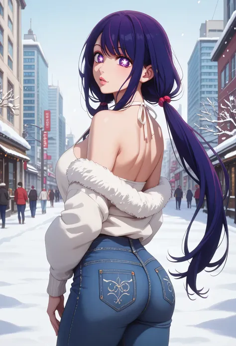 masterpiece, best quality, highly detailed, ultra high res, 1girl, solo, ai hoshino, long hair, bangs, purple eyes, purple hair, symbol-shaped pupils,low twintails, glossy lips, full lips, city, winter, snow, halter top, jeans, looking back at viewer