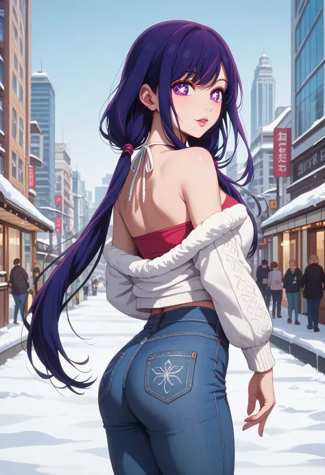masterpiece, best quality, highly detailed, ultra high res, 1girl, solo, ai hoshino, long hair, bangs, purple eyes, purple hair, symbol-shaped pupils,low twintails, glossy lips, full lips, city, winter, snow, halter top, jeans, looking back at viewer