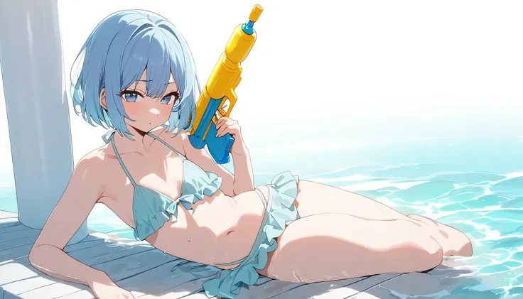  best image quality　 simple white background　 cute女　　 short hair　 light blue hair　 solo　 cute　bikini sitting in a  , seductive　Water gun　　 cute顔