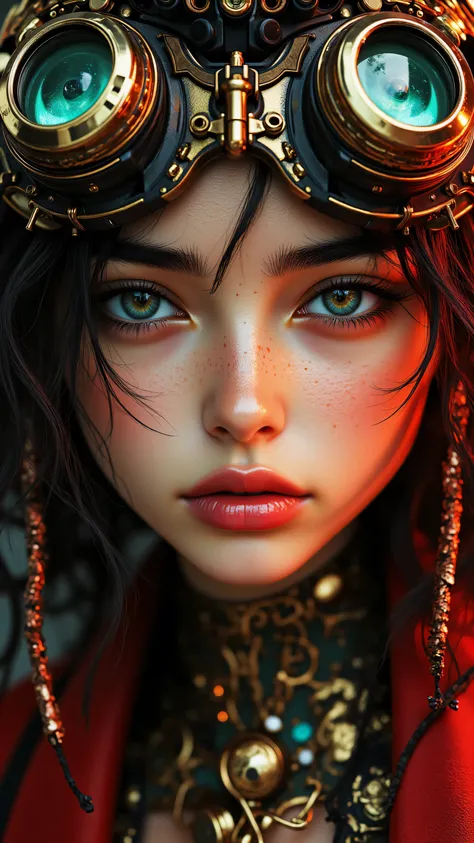 8k, Masterpiece, Top Quality, Steampunk portrait, futuristic goggles, intricate machinery, green eyes, realistic skin texture, curly hair, high detail, ornate neck piece, red and gold tones, cyberpunk aesthetic, 3D render, hyper-realistic, cinematic lighti...