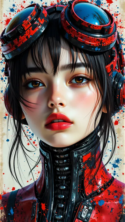 8k, Masterpiece, Top Quality, Surreal portrait, female face, cyberpunk aesthetic, goggles on head, red and blue color scheme, splatter paint effect, dramatic eye makeup, bold red lips, mechanical neck pieces, futuristic headgear, intense gaze, detailed ill...