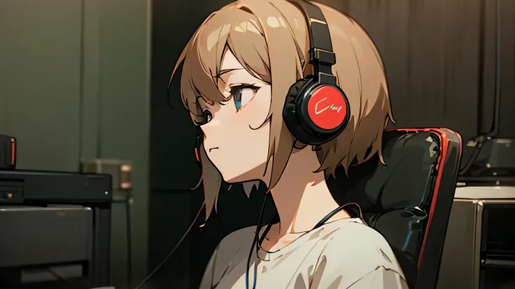  Listening to Music,  using headphones , 2D Anime style, Lo-fi,  High Definition, Dark environment