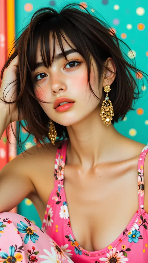 8k, masterpiece, highest quality, Surrealism, Vibrant, short wavy brown hair, floral pink sundress, gold jewelry, dangling earrings, bright teal background, colorful stripes, polka dots, starburst pattern, soft lighting, fashion photography, summer vibes, ...