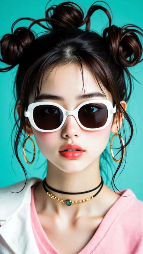 8k, masterpiece, highest quality, Korea's Beautiful Women, Close-up,  frontal,  hairstyle, large, round, puffs, buns,  symmetrical,  sunglasses, white, square, large, bubblegum, pink,  shirt, white, black, sleeve, choker, black,  earrings, gold, hoop, back...