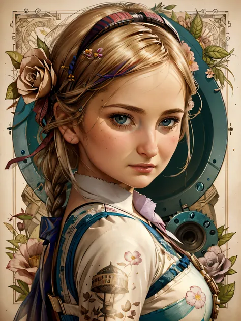 Charlie Bowater realistic Lithography sketch portrait of a woman, flowers, [gears], pipes, dieselpunk, multi-colored ribbons, old paper texture, highly detailed