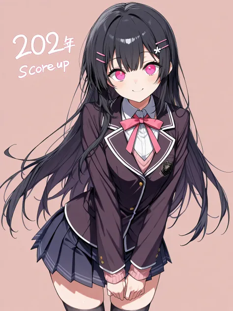 (( Masterpiece,  top quality,  extremely detailed)),  1 girl,  black hair,  long hair,  dark pink eyes,  hairpins,  school uniform,  black thigh high socks,  Cute Smile ,Round eyes、  year old viewer, cowboy shot,  Untrimmed ,   simple background,