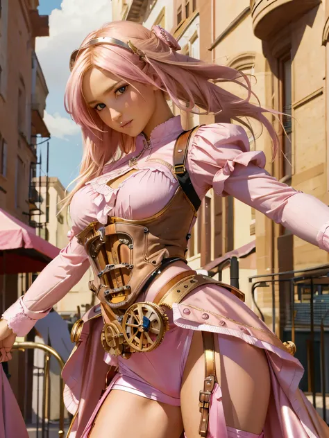 best quality, masterpiece, upper body, woman, blonde hair blown in the wind, shining eyes, steampunk style, thin clothes, pink clothes, pink hair