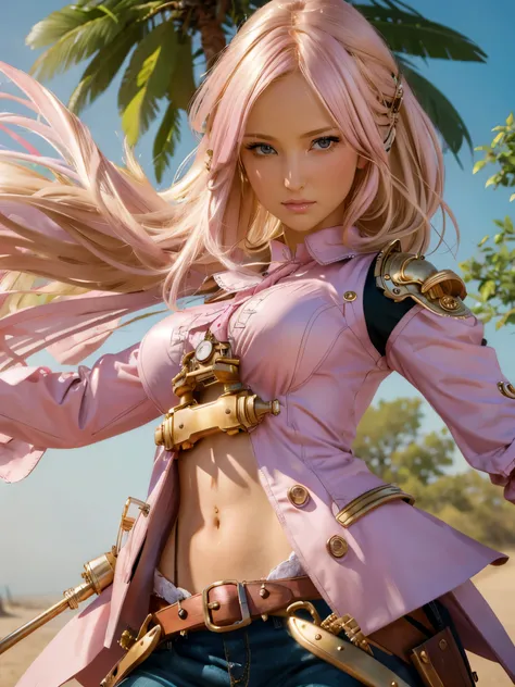 best quality, masterpiece, upper body, woman, blonde hair blown in the wind, shining eyes, steampunk style, thin clothes, pink clothes, pink hair