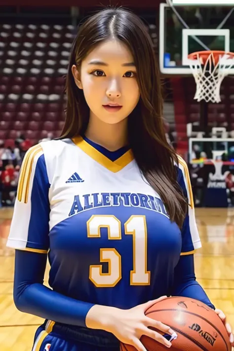 Sexy beautiful woman with huge breasts in a basketball uniform