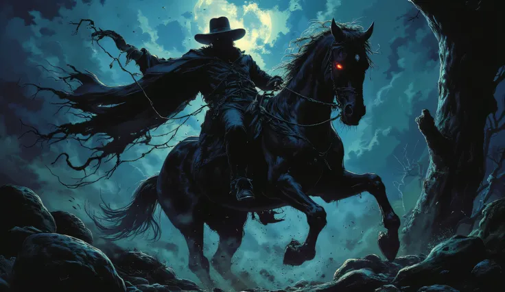 El Charro Negro appears suddenly behind the man, his cold, gloved hand gripping the man's back with terrifying strength. In an instant, the man is lifted off the ground and thrown onto the black horse’s saddle. The horse stands tall and imposing, its glowi...