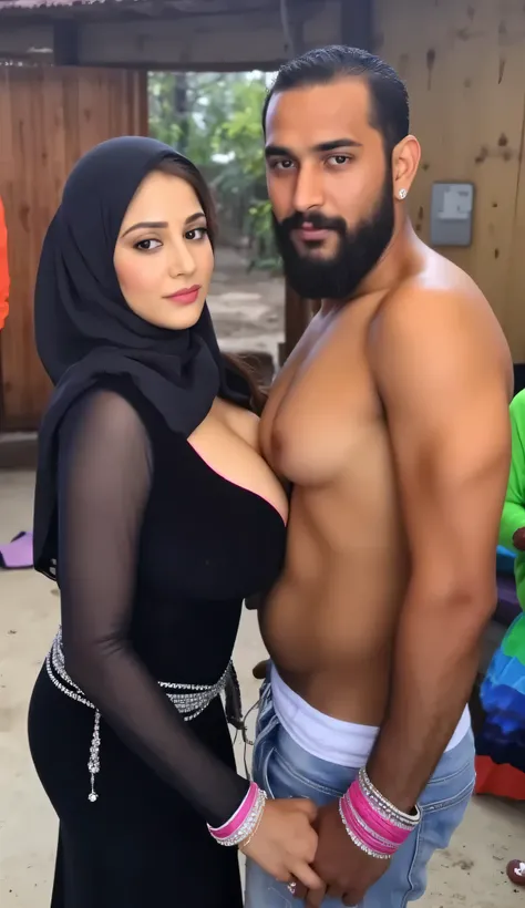 Sexy couple, hot indian woman with simple white skin, wearing black hijab on her head covering her hair, black full body skin tight burqah muslim dress, big perfect breast, big ass, slim thick perfect body, woman wearing saree and blouse, dark skin black i...