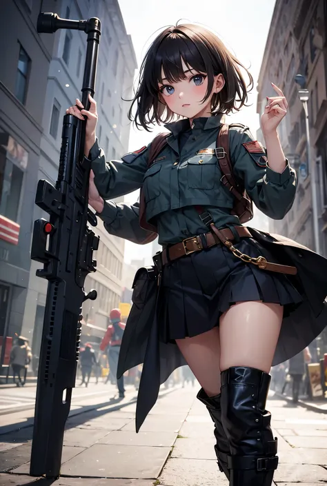 Military girl with a shiny circle-shaped mark on her hand and several military weapons around her, all aimed at the spectator,