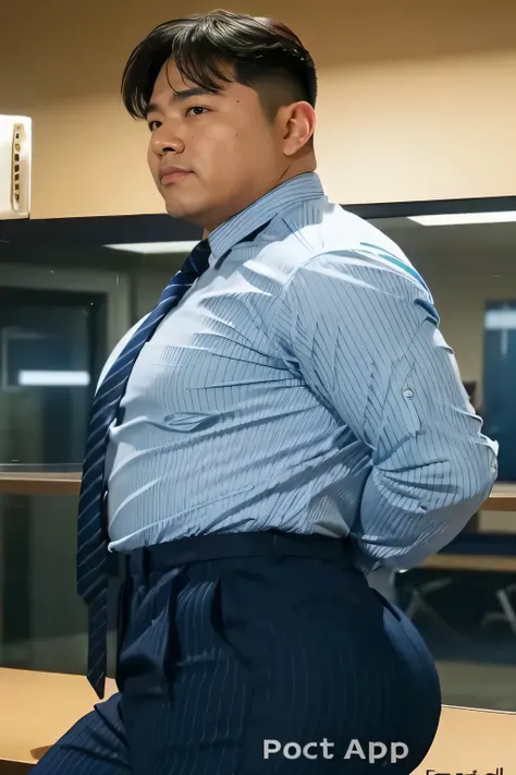 40-year-old boy ,Korean bulky male officer ,Wear navy blue police uniform shirt................ pinstripe navy blue smooth tight trouser, transparent pants obvious underwear print ,((unrealistic super big tight butt wearing pants)), legs wide open, legs on...