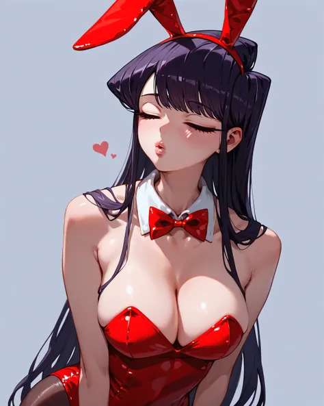 Komi Shouko, animate style,1girl, Solo, rabbit costume, sexy, cleavage, meduim chest, red bunny suit, sexy, cleavage, pucker lips, kiss, eyes closed, looking at viewer, 