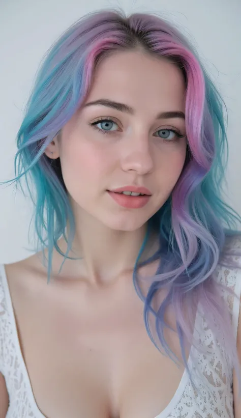 Generate realistic image of a young, beautiful woman with fuchsia and blue hair,  it must be very realistic , Very pretty.