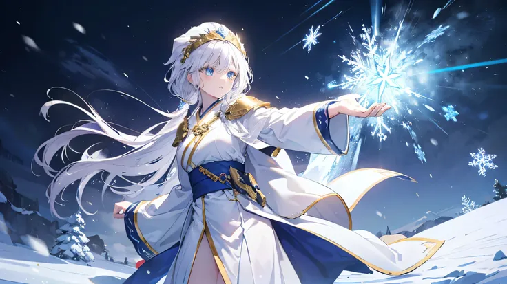 asian mythology, long flowing white hair, blue eyed tinged with a shade of lavender, white and blue shrine princess robes with golden highlights, golden ornaments, gold headband, blue cloak, ice dragon, graceful, action, impact frame, majestic, blizzard, m...