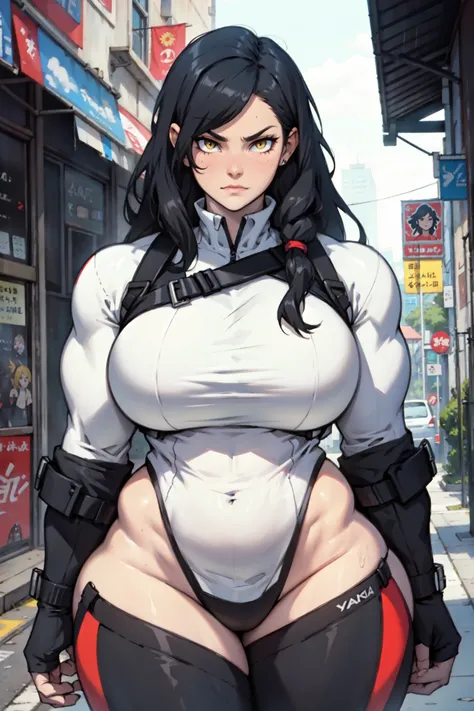 ((large woman big woman muscular woman)) solo black hair yellow eyes pale skin