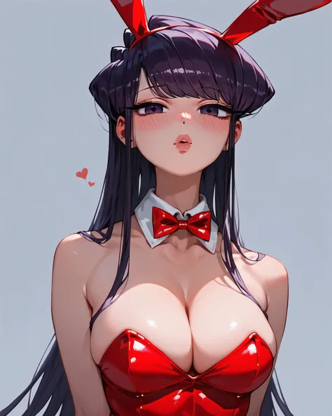 Komi Shouko, animate style,1girl, Solo, rabbit costume, sexy, cleavage, meduim chest, red bunny suit, sexy, cleavage, pucker lips, kiss, looking at viewer, sexy, blush, 