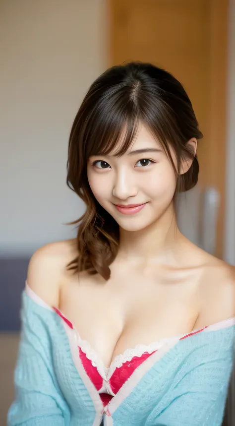 masterpiece,best quality,(Japanese girl),((Beautiful girl)),cleavage,(off shoulder:1.2),(perfect body beauty:1.2),(shy smile),From slightly above