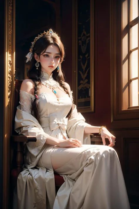 Interior of a luxurious castle with a beautiful medieval aristocrat , Yeonmujang,  Elegant Posture , Luxurious dress,  exquisite hairstyle ,  jewelry , sad eyes,  background