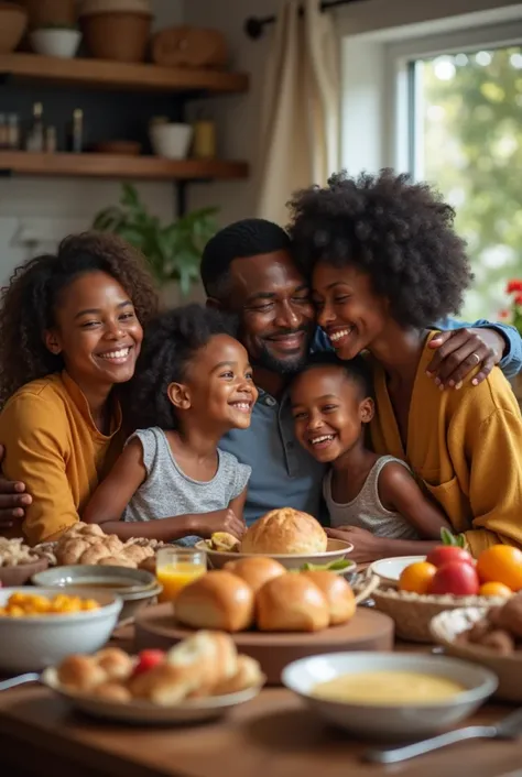  Family of black people gathered at the table,  with breads and breakfast . all happy, smiling and relaxed . The father is hugging the ren.