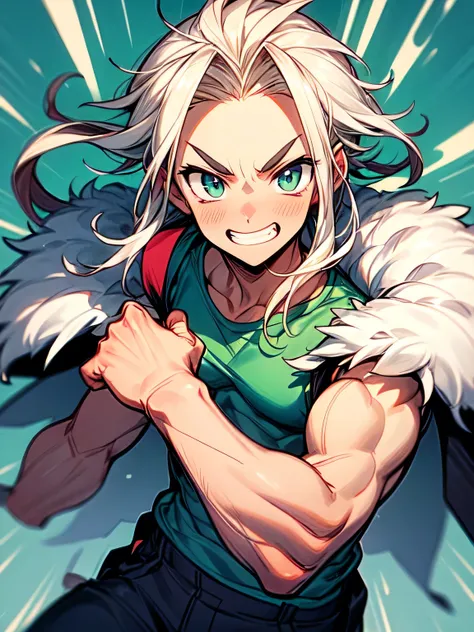 looking at viewer,(solo),upperbody,(bright green spiky long hair,long sideburn,big forehead),(man+),(man's eyes,man's nose,man's mouth),handsome face,grin,(sleeveless white fur coat),mans tanktop,white cargo pants,muscles ,fighting stance,thick eyebrows,(m...