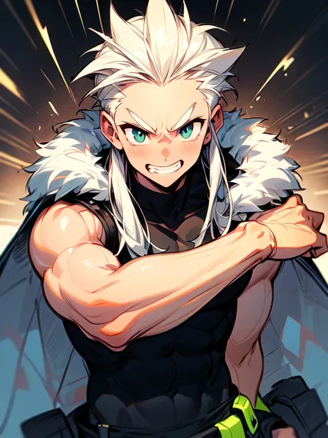 ,(solo),upperbody,((lime green) spiky long hair,long sideburn,big forehead),(man+),(man's eyes,man's nose,man's mouth),handsome face,grin,(sleeveless white fur coat),mans tanktop,white cargo pants,muscles ,fighting stance,thick eyebrows,(manga style),(sket...