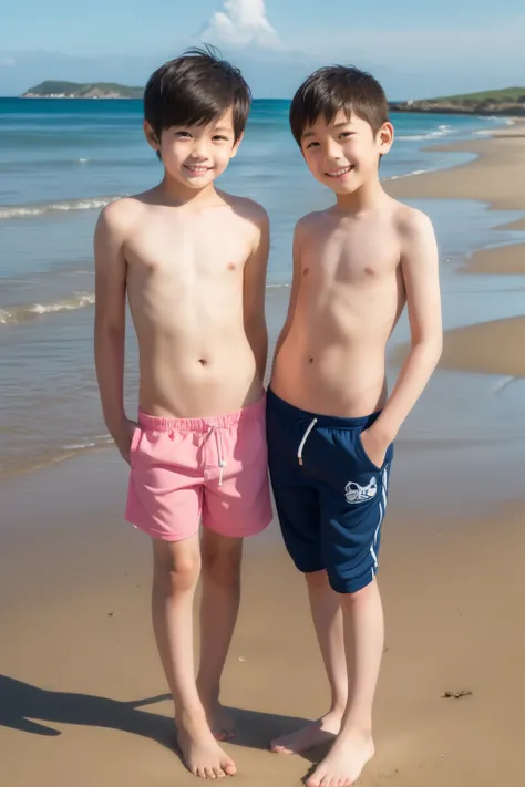 two boys,elementary school age,japanese,skinny,swimpants,naked,standing side by side,smiling,om the beach,