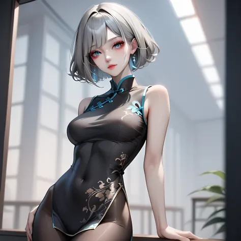 ((Gray Hair))、(Black inner hair ),  top quality、 Masterpiece、(  professional lighting )、  surreal、  attractive、 figure like a slender supermodel 、  one girl , ( character in foreground, blurred background ), (Bright, beautiful blue eyes  ,  Princess Cut, (...