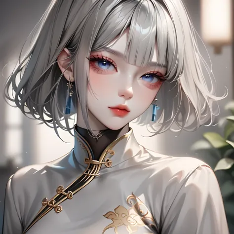 ((Gray Hair))、(Black inner hair ),  top quality、 Masterpiece、(  professional lighting )、  surreal、  attractive、 figure like a slender supermodel 、  one girl , ( character in foreground, blurred background ), (Bright, beautiful blue eyes  ,  Princess Cut, (...