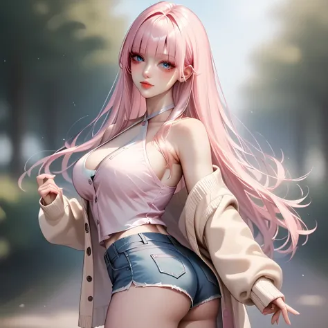 (( black hair))、(pink inner hair ),  top quality、 Masterpiece、(  professional lighting )、  attractive、 figure like a slender supermodel 、  one girl , ( character in foreground, blurred background), ( Slightly Bigger Breasts,), (  flat at honny , Beautiful ...