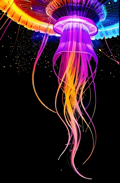 a painting of a jellyfish with a rainbow colored jelly, neon jellyfish, glowing jellyfish, jellyfish phoenix, jellyfish pheonix, jellyfish fractal, phoenix jellyfish, translucent glowing jellyfish, cyberpunk jellyfish, bioluminescent jellyfish, jelly glow,...