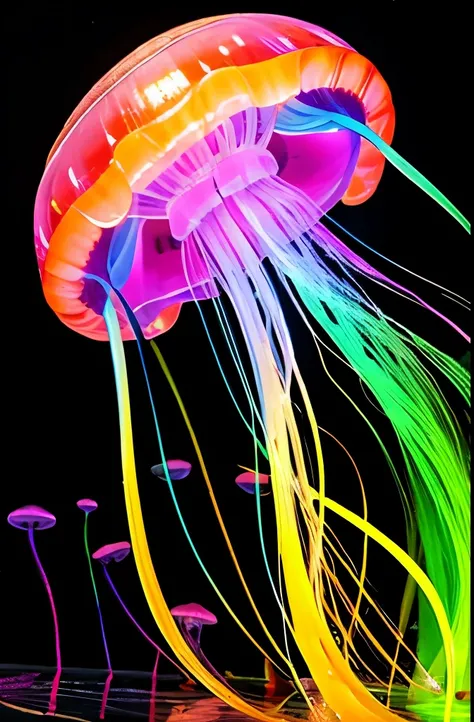 a painting of a jellyfish with a rainbow colored jelly, neon jellyfish, glowing jellyfish, jellyfish phoenix, jellyfish pheonix, jellyfish fractal, phoenix jellyfish, translucent glowing jellyfish, cyberpunk jellyfish, bioluminescent jellyfish, jelly glow,...