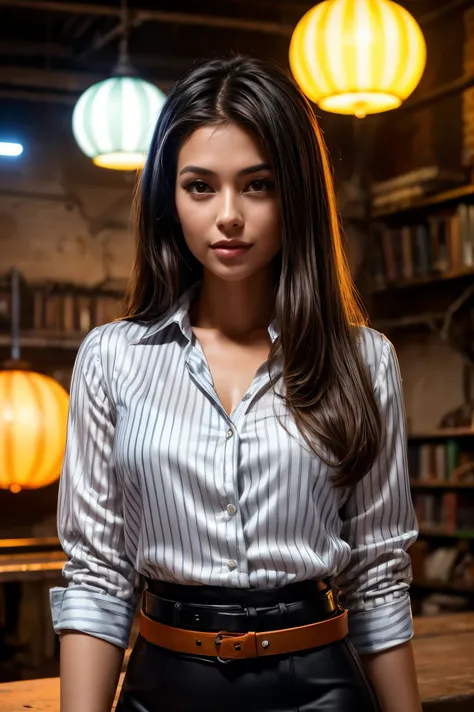 from above,  beautiful woman (Cristy Ren), a librarian ,  professional hairstyle ,  perfect eyes ,  high arched eyebrows , ( professional striped silk blouse :1.3), ( long black pencil skirt with large belt:1.2),  backlight on hair ,  shallow depth of fiel...