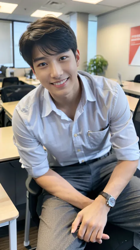 หนุ่มเกาหลีหล่อที่สุดในปี 2024, แบบอย่าง, น่าสนใจ, seductive , อายุ 22 ปี ,8K quality , สุนัขฮัสกี้, ก้นใหญ่, ผมสั้น ,A handsome young man is sitting on an office chair. In front of him is a desk, and the background is a company office. He is looking stra...