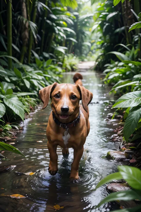 Dachshund running in a rainforest