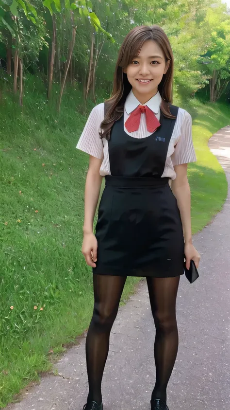  top quality、8k、Masterpiece、 Ultra High Resolution、Clear Photo、 Professional Lights 、 natural light、 is present、 perfect anatomy、 one woman、baby face:1.8、 beautiful hair、smile、((Star Uniform:1.2))、( Black Vest 、 short sleeve shirt、 red ribbon、 Black Pencil...