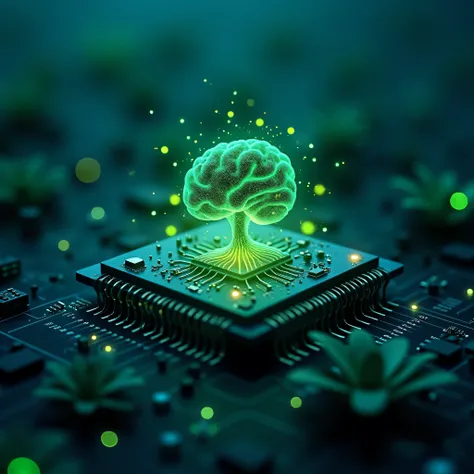 Futuristic microchip with human organic brain icon, digital nature fusion, glowing circuitry, technological ecosystem, bioluminescent leaves, high-tech agriculture concept, neon blue background, macro photography, hyperrealistic render, 8K resolution, cine...