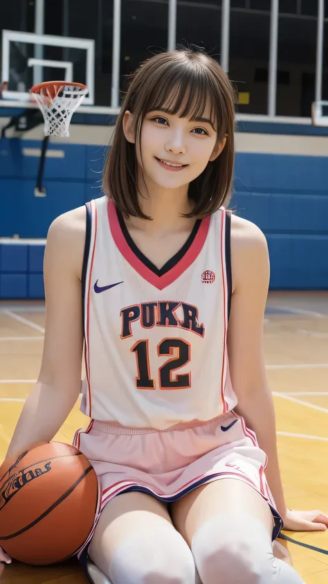 21 years old,  beautiful woman,  natural light,  BASKETBALL UNIFORM,  upper body,  front view of the company,  basketball player , ( top quality, 8k,  Masterpiece),  basketball court, With bangs,  sitting has a smiling face, ( Embarrassing),  looking at th...