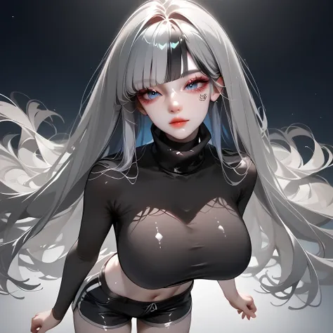 ((Thick gray hair ))、(Black inner hair),  top quality 、 Masterpiece、(  Professional Lighting )、  surreal, (Nipples:0.4),  attractive、  slender supermodel 、  one girl , ( dynamic angle, face focus, looking side), (  Slightly Bigger Breasts , midriff peek ),...