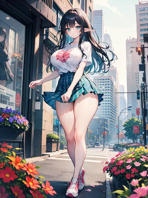 detailed image, beautiful image, 1 elf, black hair, long hair, turquoise eyes, has large breasts, short waist, wide hips, thick thighs, big ass, wearing a t-shirt top, mini skirt with plaid pleats, long stockings, casual sneakers, cityscape, sunny day, aro...