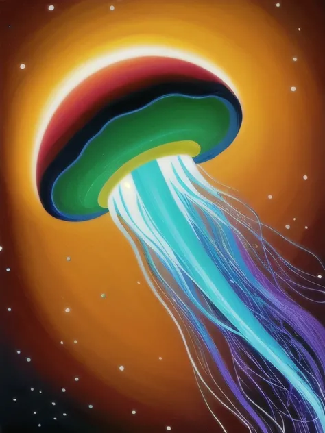 a painting of a jellyfish with a rainbow colored jelly, an ultrafine detailed painting inspired by Earnst Haeckel, pexels, psychedelic art, neon jellyfish, glowing jellyfish, jellyfish phoenix, jellyfish pheonix, jellyfish fractal, phoenix jellyfish, trans...