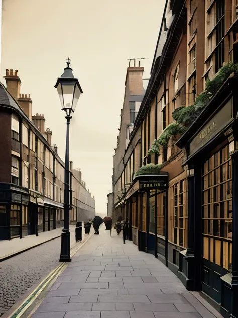 an old photo of a street with a building and a lamp post, 1 9 th century london, victorian london, nineteenth century london, quirky 1 9 th century, victorian england, victorian era, victorian age, old sepia photography, 1 9 th century photography, victori...