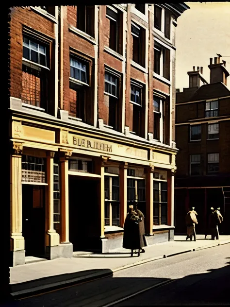 an old photo of a street with a building and a lamp post, 1 9 th century london, victorian london, nineteenth century london, quirky 1 9 th century, victorian england, victorian era, victorian age, old sepia photography, 1 9 th century photography, victori...