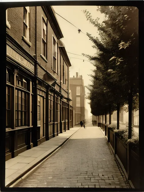 an old photo of a street with a building and a lamp post, a black and white photo by Charles Cundall, flickr, renaissance, 1 9 th century london, victorian london, nineteenth century london, quirky 1 9 th century, victorian england, victorian era, victoria...