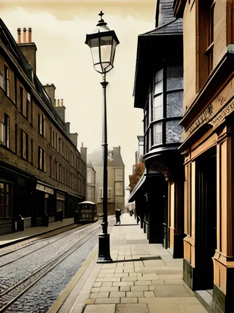 an old photo of a street with a building and a lamp post, 1 9 th century london, victorian london, nineteenth century london, quirky 1 9 th century, victorian england, victorian era, victorian age, old sepia photography, 1 9 th century photography, victori...