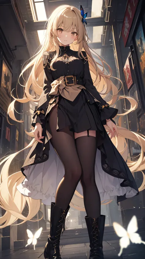 whole body、 one girl、 Beige Blonde Wavy Super Long Hair、 golden eyes from below n、cyber gothic black clothes、Butterfly Design 、Sabre on waist、 engineer boots、Chuunibyou