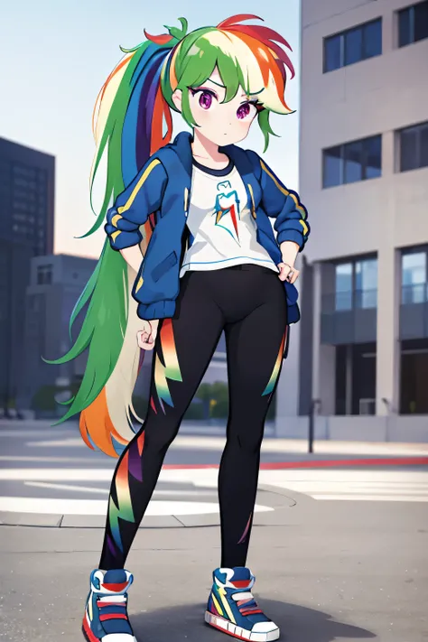 masterpiece_1girl_with_long_rainbow_hair_ponytail_purple_eyes_c_cup_unbutton_blue_jacket_tight_white_shirt_black_pants_blue_shoes_facing_viewer_standing_saluting_with_The_big_American_flag_in_the_background