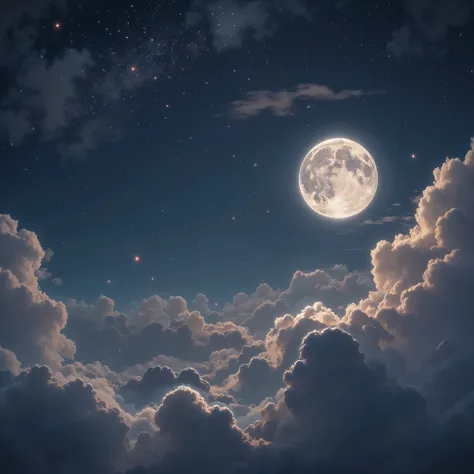 A serene night sky with a glowing full moon shining brightly, surrounded by soft, wispy clouds gently drifting across the scene. The sky fades from deep blue to black, sprinkled with distant shimmering stars. The atmosphere is peaceful, calm, and magical, ...